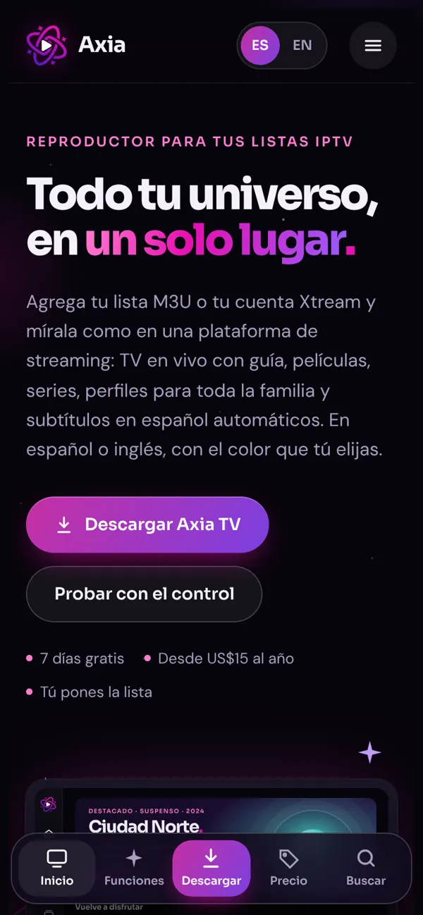 Sitio de Axia TV en celular