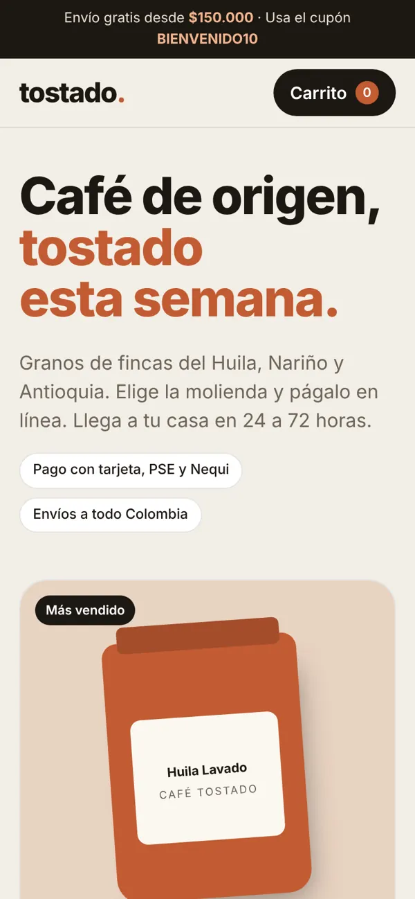 Tienda virtual Tostado en celular